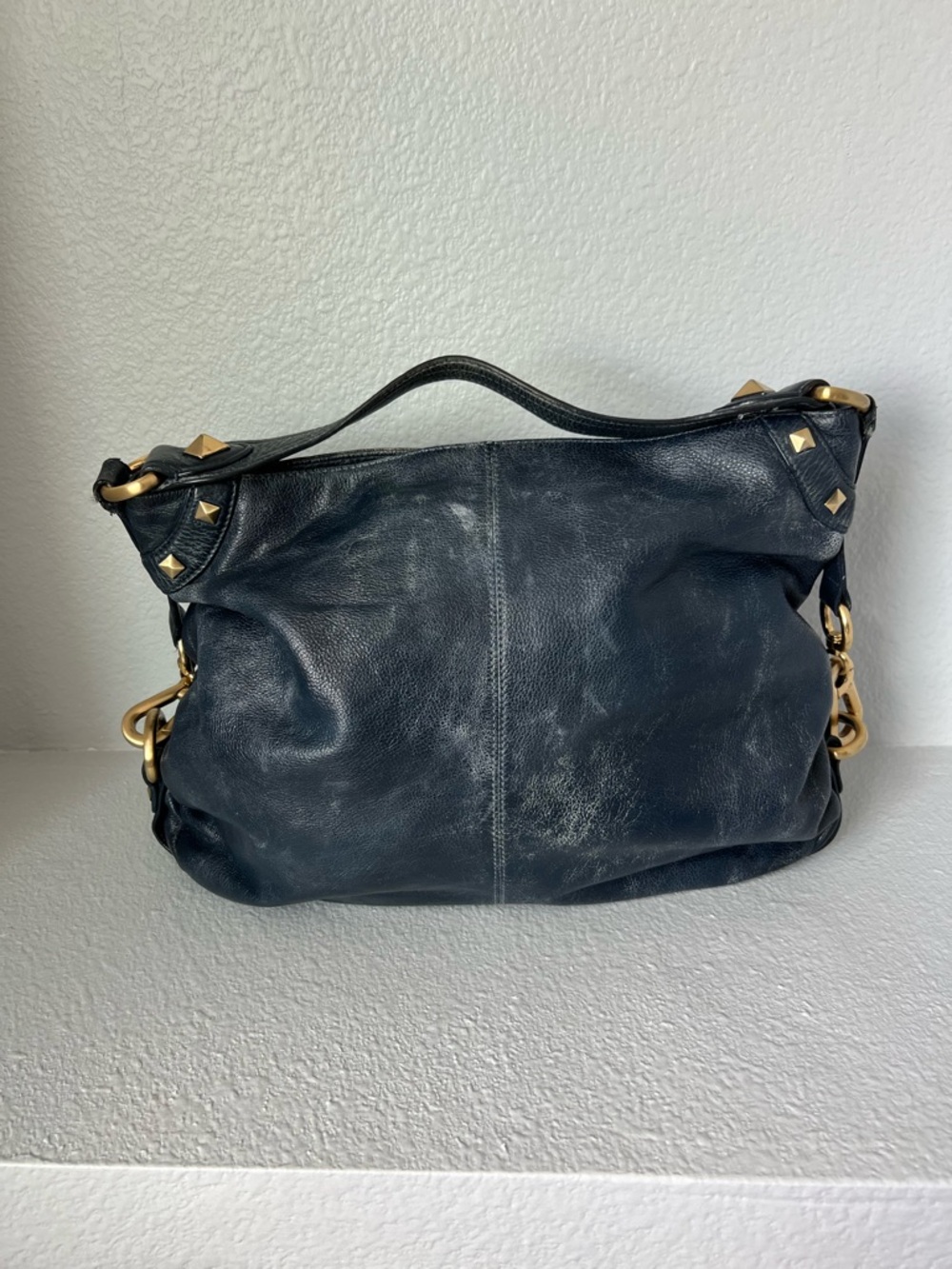 b. makowsky Navy Leather Shoulder Bag with Gold Hardware Accents - Picture 3 of 5